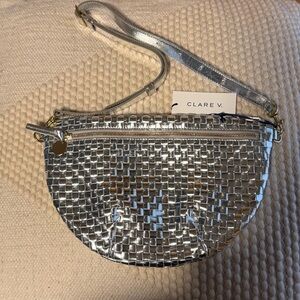 Clare V. Grande Fanny in Silver Specchio Woven Checker NWT